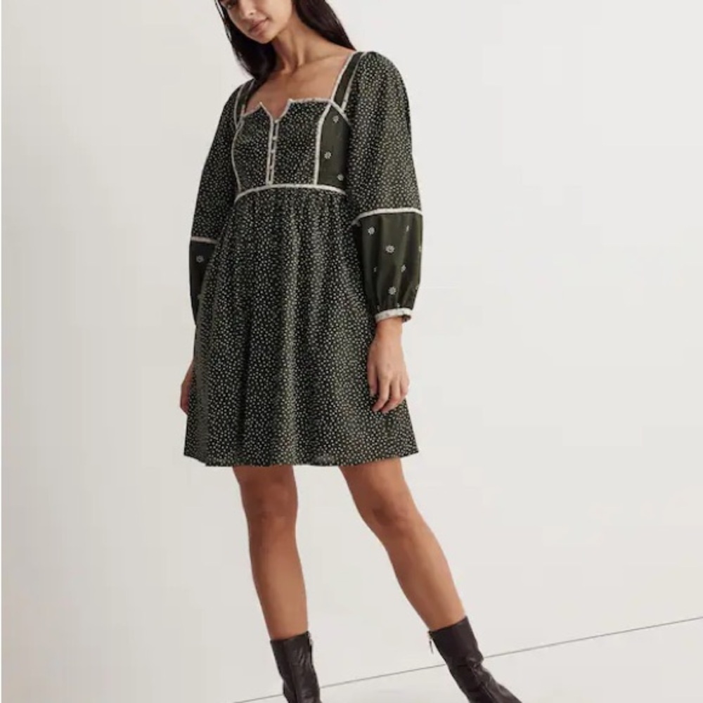 Madewell Mix Square-neck Green Quilted Floral Spring Prairie Mini Dress Size 2 - Picture 3 of 12